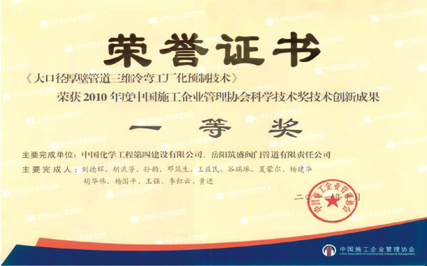 2010 年度中國施工企業(yè)管道協(xié)會(huì)科學(xué)技術(shù)獎(jiǎng)一等獎(jiǎng)